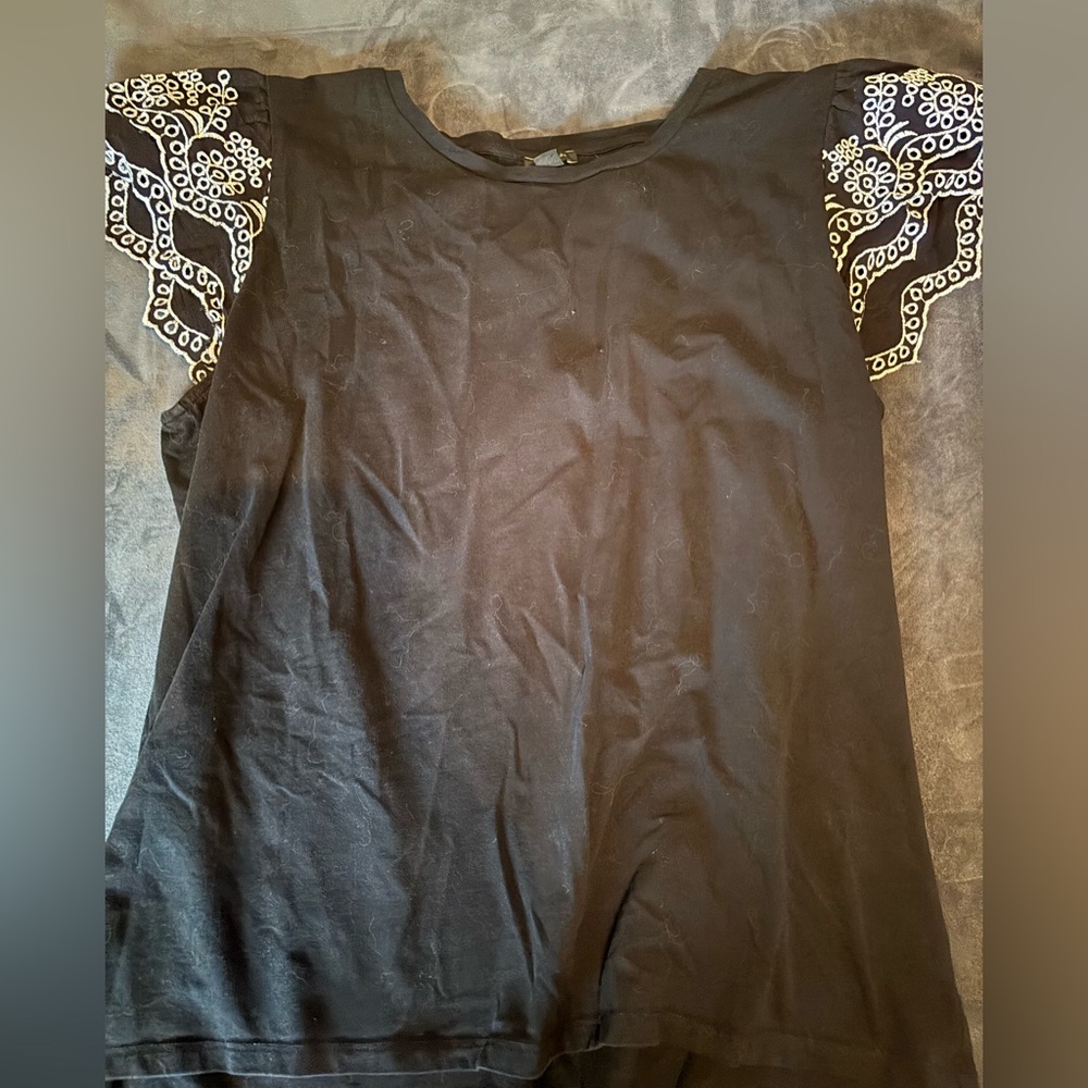 Ann Taylor Black Blouse with White Embroidered Sleeves